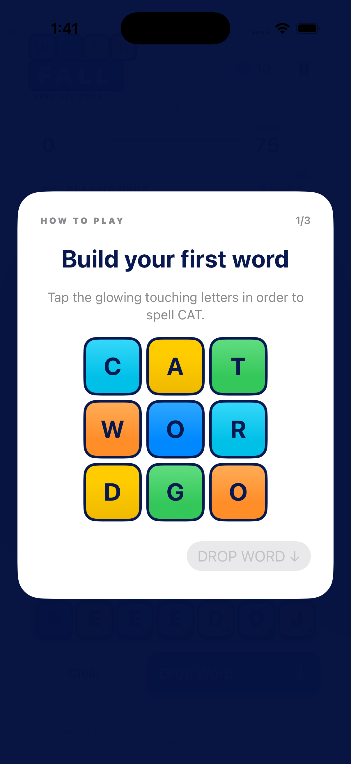 Wordfall gameplay showing colorful letter tiles